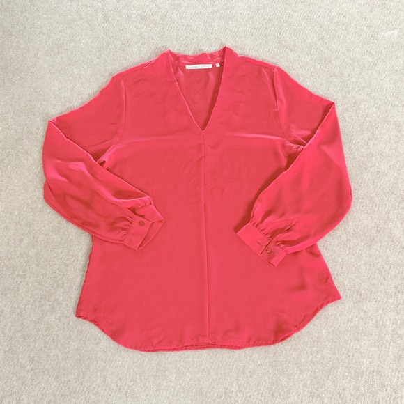 Violet + Claire Womens Coral Pink V-Neck Bishop Sleeve Blouse M Office Career - Picture 3 of 9